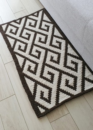 Crochet Bedside wool rug Brown White Double-sided pattern