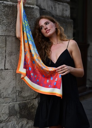 Bright silk scarf which symbolizes the restoration of all Ukrainian cities that suffered during the Russian invasion/ Gift from Ukraine