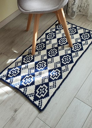 Small wool rug Crochet Bedside mat Blue White Double-sided pattern
