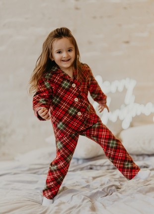 Kids Flannel Pajamas set: Cherry Green Geometric Pattern Button Up Shirt & Pants