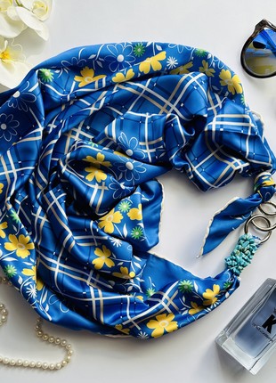 Silk scarf My Scarf "From Ukraine with love" luxurious print. Decorated with natural t agat  stone6 photo