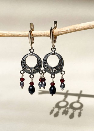 Ethnic chandelier sterling silver earrings with pearls and garnet