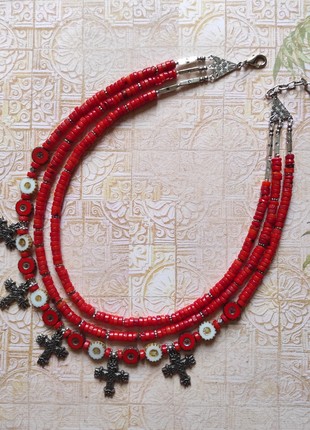 Necklace zgarda "Coral corolla" from glass beads and coral3 photo