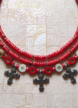 Necklace zgarda "Coral corolla" from glass beads and coral4 photo
