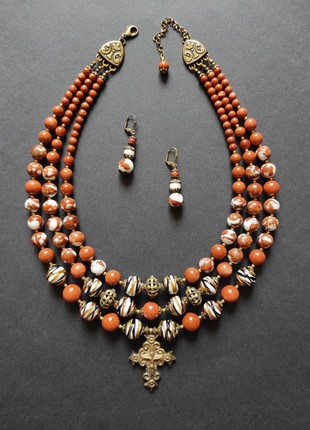 Necklace zgarda "Chocolate" from glass beads and adventurin "Golden sand"