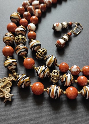 Necklace zgarda "Chocolate" from glass beads and adventurin "Golden sand"4 photo