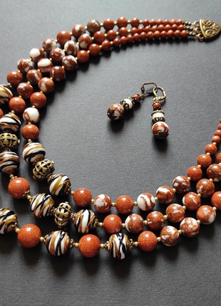 Necklace zgarda "Chocolate" from glass beads and adventurin "Golden sand"2 photo