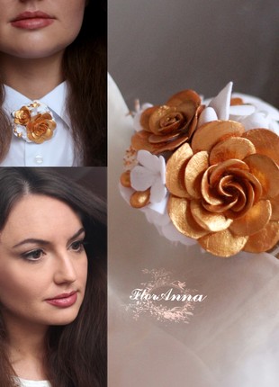 Hairpin/brooch with handmade flowers "Golden Baroque"4 photo