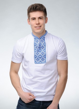 Men's t-shirt with embroidery in the Ukrainian style " Otaman (blue embroidery)" M-22 photo