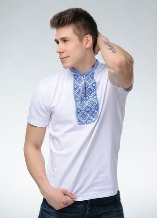 Men's t-shirt with embroidery in the Ukrainian style " Otaman (blue embroidery)" M-21 photo