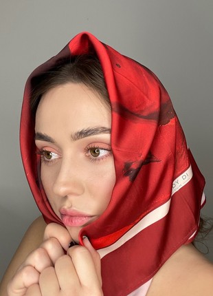 Bright red scarf "Melody of Bach" made of artificial silk, based on paintings 27,6 inches