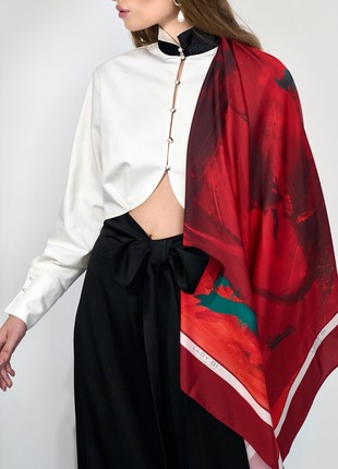 Bright red scarf "Melody of Bach" made of artificial silk, based on paintings 36,6 inches