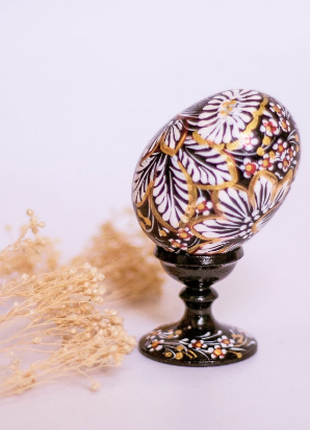 Black and White Floral Easter Egg and Stand, Ukrainian Pysanka, Easter Decor2 photo