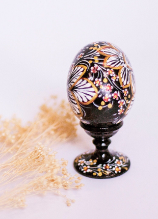 Black and White Floral Easter Egg and Stand, Ukrainian Pysanka, Easter Decor