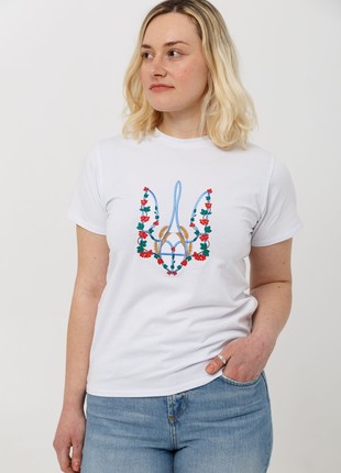 Basic T-shirt with embroidery "Red kalyna trident" white. support ukraine