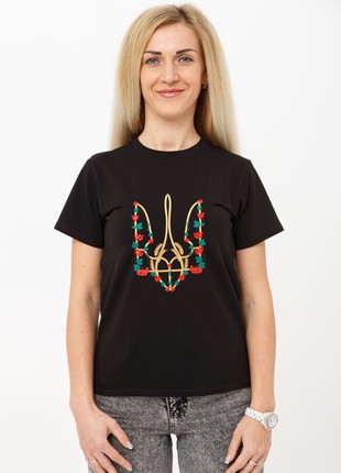 Basic T-shirt with embroidery "Red kalyna trident" black. support ukraine3 photo