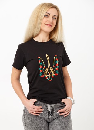 Basic T-shirt with embroidery "Red kalyna trident" black. support ukraine4 photo