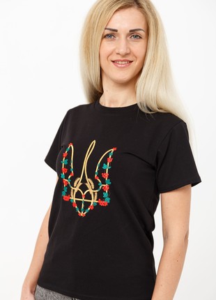 Basic T-shirt with embroidery "Red kalyna trident" black. support ukraine5 photo