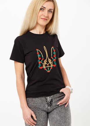 Basic T-shirt with embroidery "Red kalyna trident" black. support ukraine6 photo