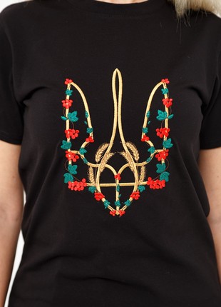 Basic T-shirt with embroidery "Red kalyna trident" black. support ukraine2 photo