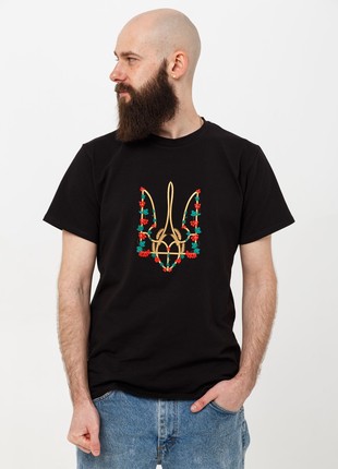 Basic T-shirt with embroidery "Red kalyna trident" black. support ukraine