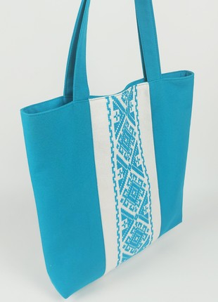 Handmade textile tote bag Vysyvanka (turquoise)2 photo