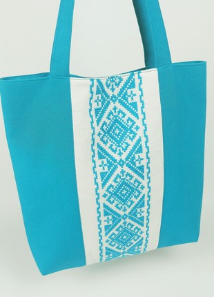Handmade textile tote bag Vysyvanka (turquoise)7 photo