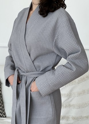Women's COZY long gray waffle bathrobe 1214 photo