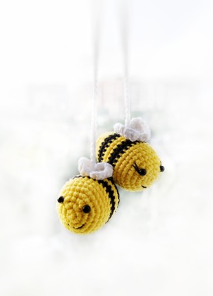 2 tiny bee car accessories , Crochet hanging decor, Rear view mirror accessories , Yellow car charm