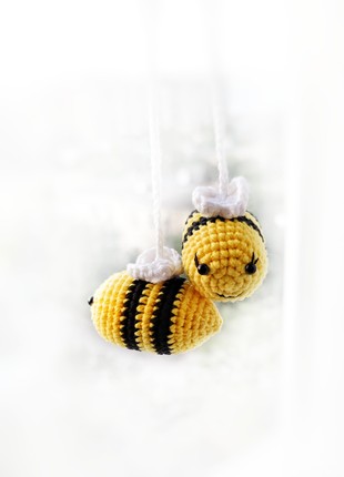 2 tiny bee car accessories , Crochet hanging decor, Rear view mirror accessories , Yellow car charm2 photo