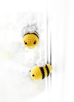2 tiny bee car accessories , Crochet hanging decor, Rear view mirror accessories , Yellow car charm3 photo