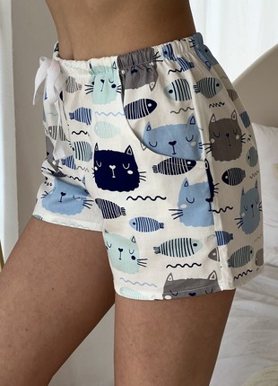 Women's pajama shorts COZY made of satin Cats Fish milky S310P3 photo