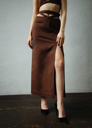 Denim kit with maxi skirt in chocolate color4 photo