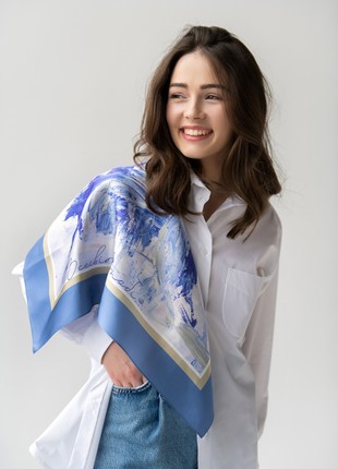 Blue shoulder silk scarf 'Skyline" based on abstract paintings 27.5 inches