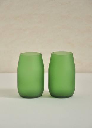 Upcycled beer bottle glasses, matte green, Eco friendly kitchen2 photo