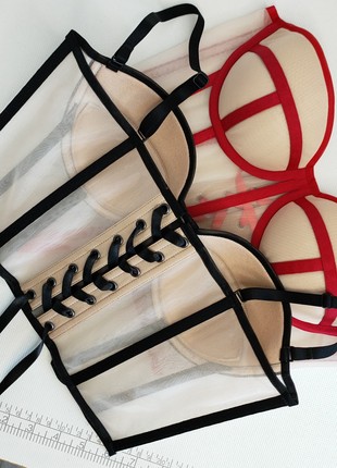 Beige sheer corset with black lines8 photo