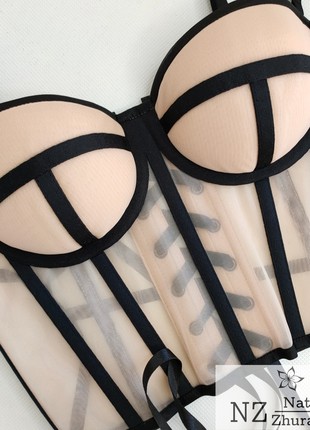 Beige sheer corset with black lines10 photo