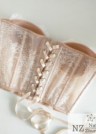 Beige corset with white lace, wedding corset with cups2 photo