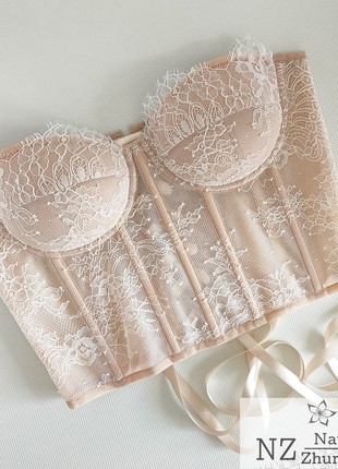Beige corset with white lace, wedding corset with cups