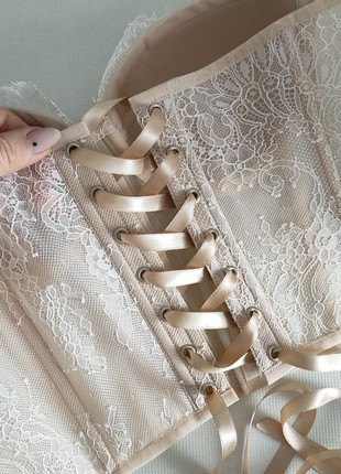 Beige corset with white lace, wedding corset with cups8 photo