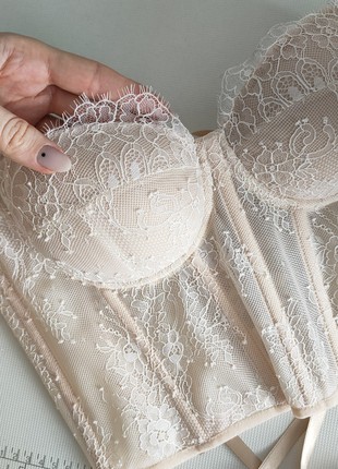 Beige corset with white lace, wedding corset with cups7 photo