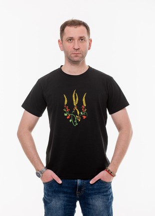 Men's t-shirt with embroidery "Ukrainian tryzub red Kalina" black. Support Ukraine1 photo