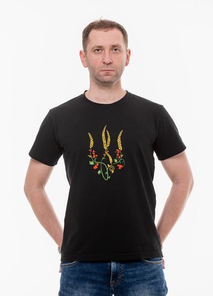Men's t-shirt with embroidery "Ukrainian tryzub red Kalina" black. Support Ukraine3 photo