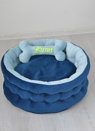 Blue coddler dog bed for French Bulldog and other breeds, handmade - 23.6 in. (60 cm.)