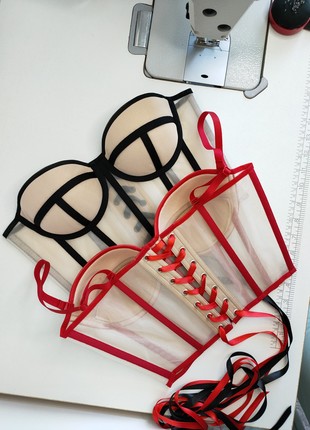 Beige sheer corset with red lines2 photo