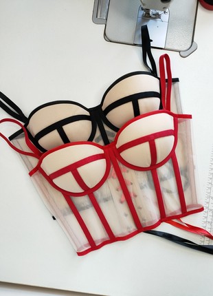 Beige sheer corset with red lines1 photo