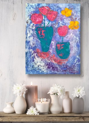Oil painting with pink tulips in turquoise vases and butterflies