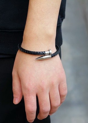 Silver nail-shaped leather bracelet (11022)3 photo