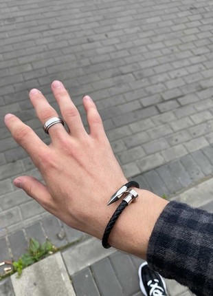 Silver nail-shaped leather bracelet (11022)8 photo