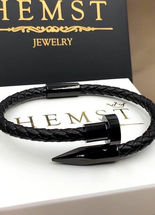 Black nail-shaped leather bracelet (11016)7 photo